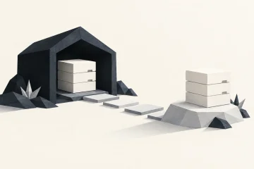 Cube architectural facetté en obsidienne et charbon représentant la sécurité des données côté serveur et le chiffrement edge.